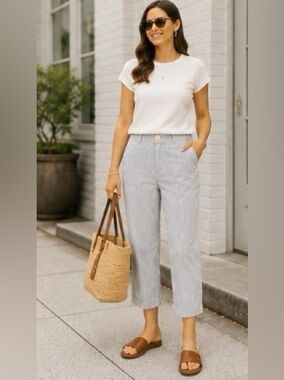 Calvin Klein Riley Pinstripe Capri Pants White Blue Classic Fit 12 NWT